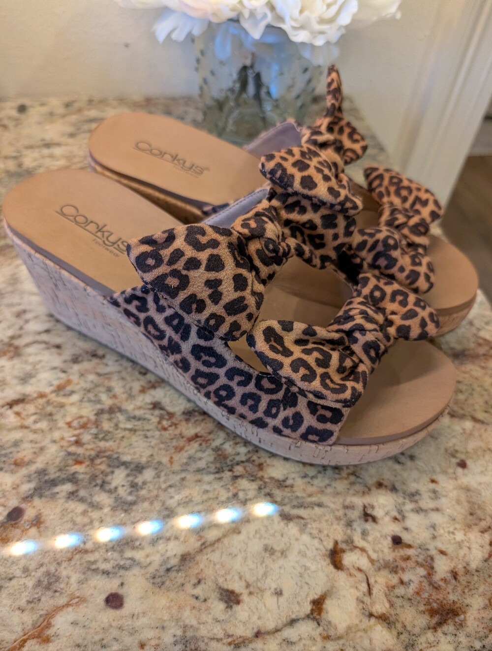 NEVER WORN - Corkys Leopard Bow Cork Wedge Sandals - Brown